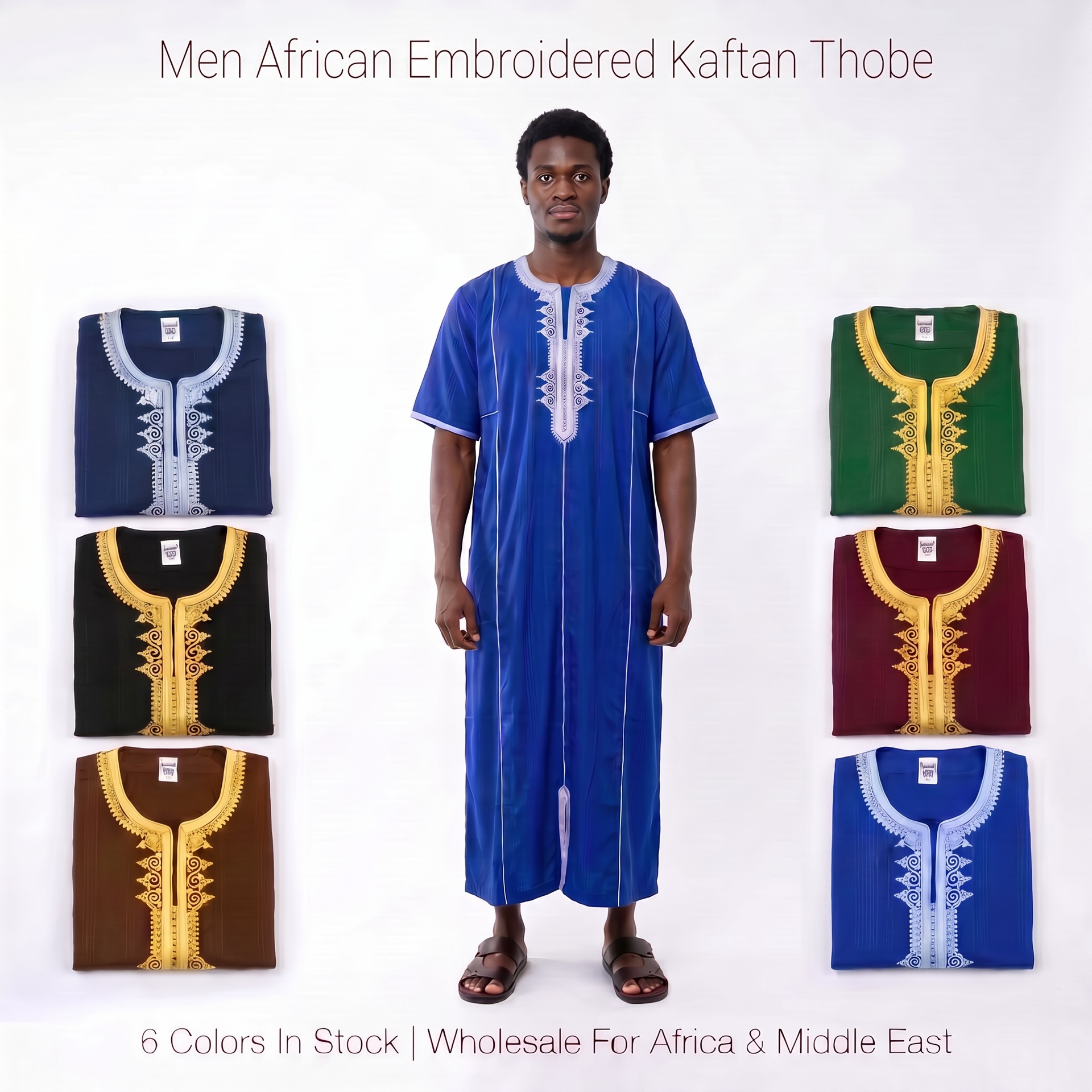 Amazon's Best-Selling Moroccan Short-Sleeved Robe Arab Men's Embroidered Rope Embroidery Robe African Clothing Wholesale