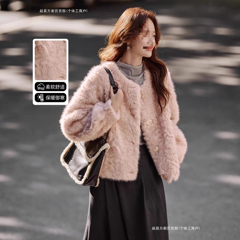 Pink Little Lake Sheep Round-Neck Fur Integrated Faux Mink Fur Coat for Women, Winter Lamb Wool Top Pink Little Lake Sheep Round-Neck Fur Integrated Faux Mink Fur Coat for Women, Winter Lamb Wool Top