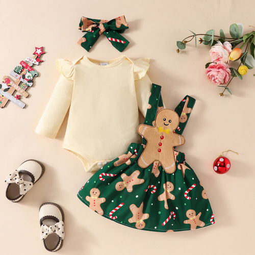 Baby Christmas long-sleeved top strap dress set Santa Grandpa jumpsuit solid color hat dress