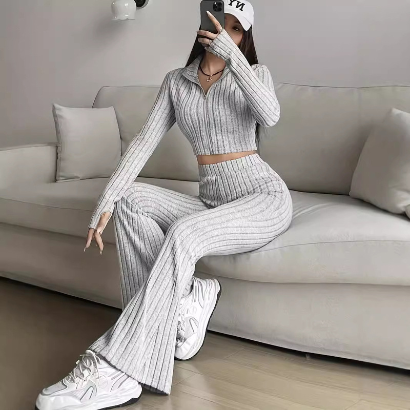 Fashionable Pure Color Ribbed Two-Piece Set, Zippered Long-Sleeved Short Top and High-Waisted Bell-Bottom Pants Suit, Women's Casual