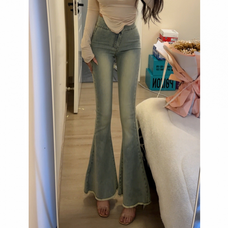 浅蓝色高腰微喇牛仔裤女2025夏季新款弹力修身显瘦弹力鱼尾喇叭裤|undefined