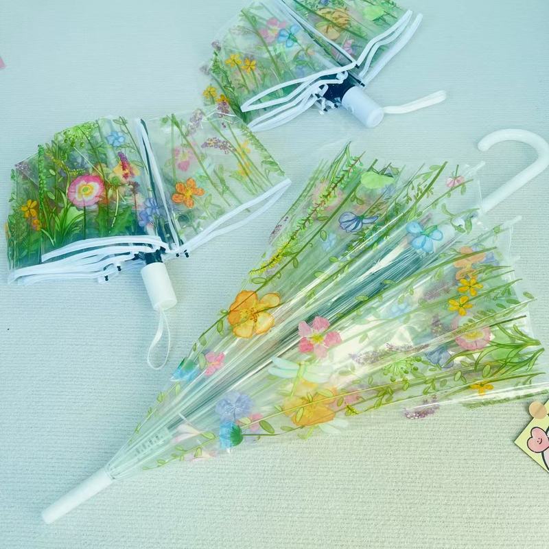 森系花草全自动透明雨伞三折折叠伞直柄伞男女生学生雨伞便携|undefined
