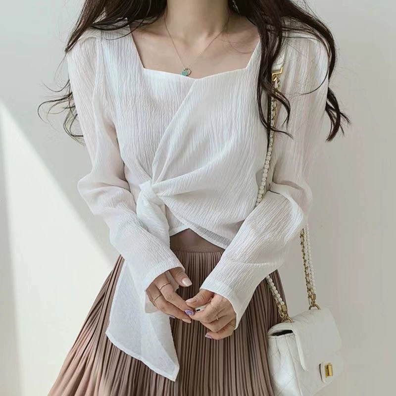 Периодичный дизайн с длинным рукавом, корейский стиль, приталенный, квадратной горловиной, оверсайз