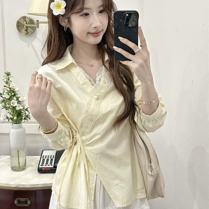 Irregular Lace-Trimmed Tie-Neck Shirt for Women 2026 Korean Style Unique and Chic Age-Reducing Blouse Top