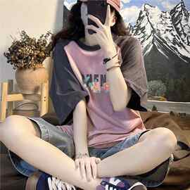 时尚美式正肩短袖t恤女小个子100纯棉女撞色拼接宽松显瘦上衣夏季