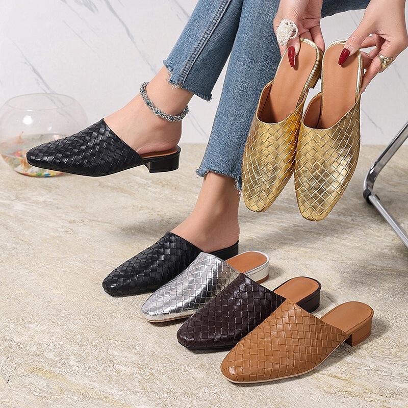 35-45 Large Size Shoes Cross-border Foreign Trade Woven Baotou Flat Sandals and Slippers Women's Summer New Outfit Low Heel Women's Shoes