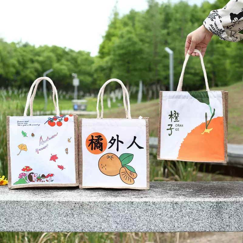 国潮麻布手提袋印刷logo棉麻亚麻帆布黄麻袋饭盒便当包环保购物袋