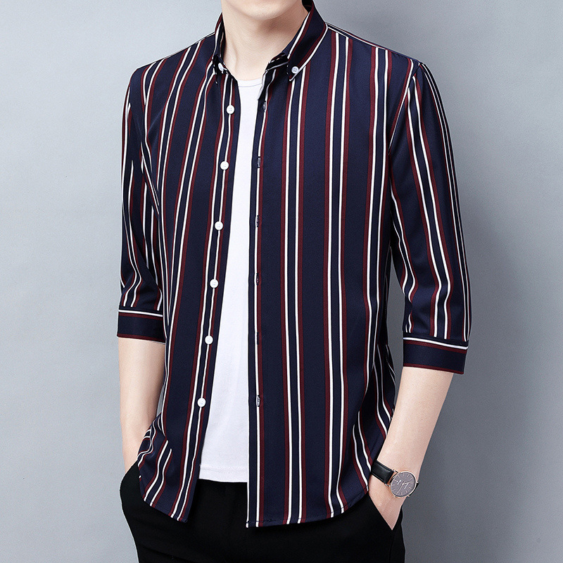 Korean Style Striped Shirt for Men, Three-Quarter Sleeves, Elastic Slim Fit, Stylish Youth Shirt S131 #