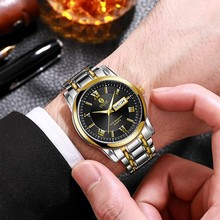一件代发时尚潮流商务情侣表日历钢带男士手表批发间金色手表霸气