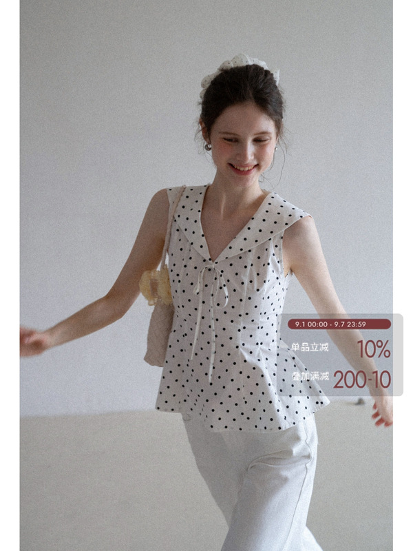 Eggka Navy Collar Polka Dot Slim Fit Vest Outerwear for Women, Summer Korean Style Sweet and Elegant Slimming Sleeveless Top