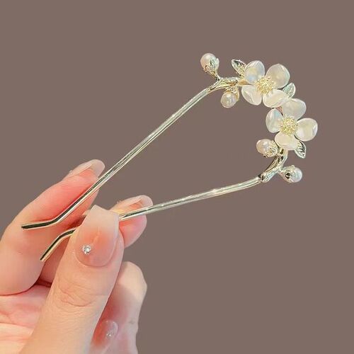 New camellia U-shaped hairpin for women, ancient style, high-end hair style, metal hairpin, Hanfu headdress, hair fork on the back of the head