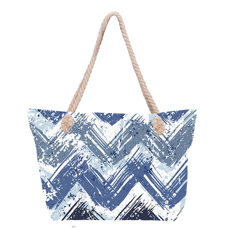 Bolso de playa impreso para mujer de venta caliente transfronterizo Bolso de lona portátil de gran capacidad Bolso de hombro junto al mar Bolso de mano con cuerda de algodón