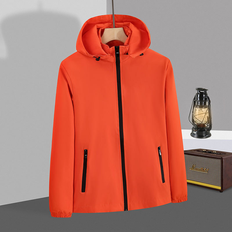 Primavera y otoño collar de pie con capucha chaqueta de una sola capa a prueba de viento impermeable ropa de trabajo al aire libre logotipo personalizado Grupo chaqueta de hombres y mujeres