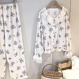 睡衣女秋季冰雪丝可爱卡通小熊丝绸长袖圆领蕾丝两件套家居服套装