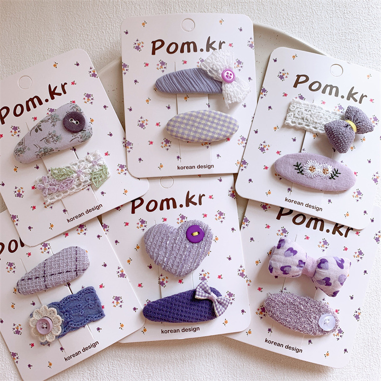 Spring New Purple Fabric Bow Heart Hair Clip Sweet Girl Child Side Fringe BB Clip Bangs Hair Pin