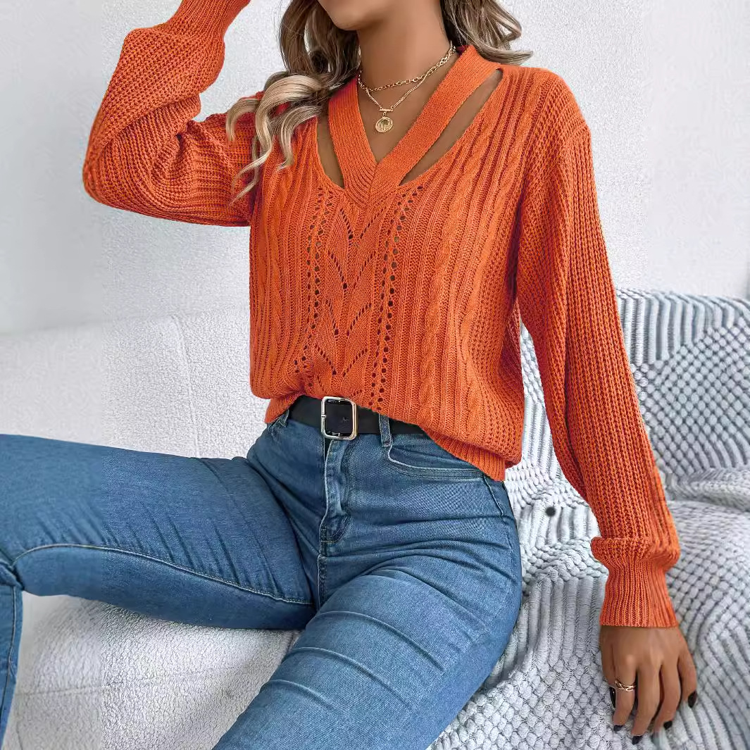 Women's Clothing Real shot of 2024 autumn and winter casual hollow V neck twisted lantern sleeve pullover sweater women's clothing_voghion.com
