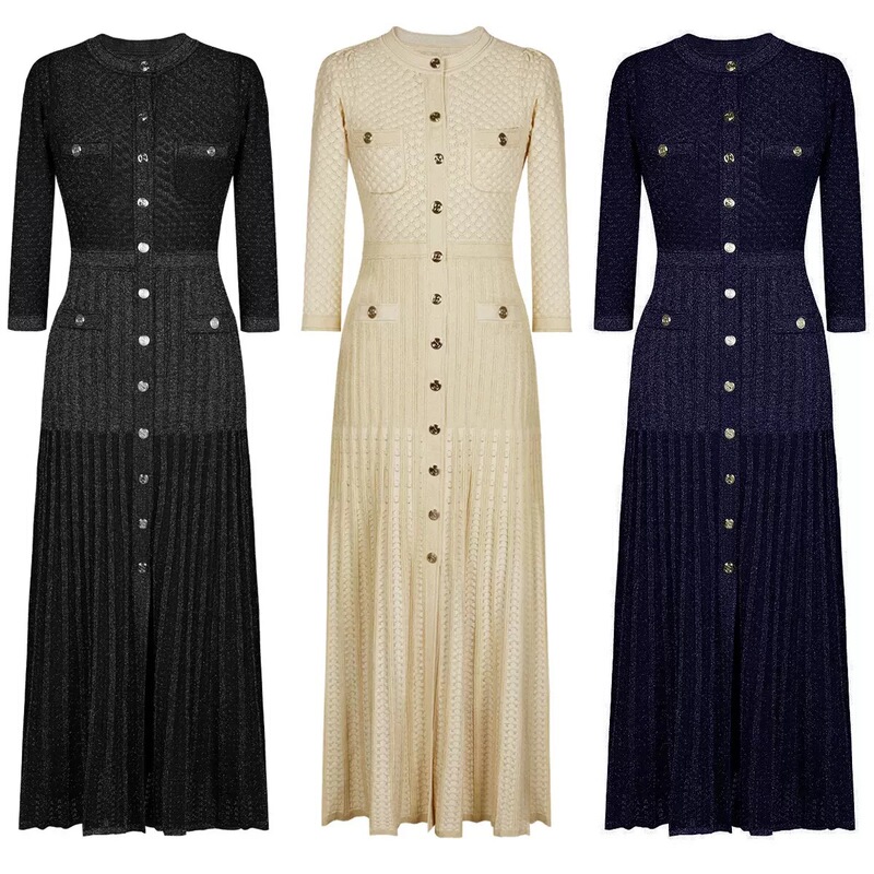 Cross-Border Trade New Solid Color Slit Knit Dress Single-Breasted Hollow Round Neck Long Sleeve Waist-Cinching Slimming Long Dress