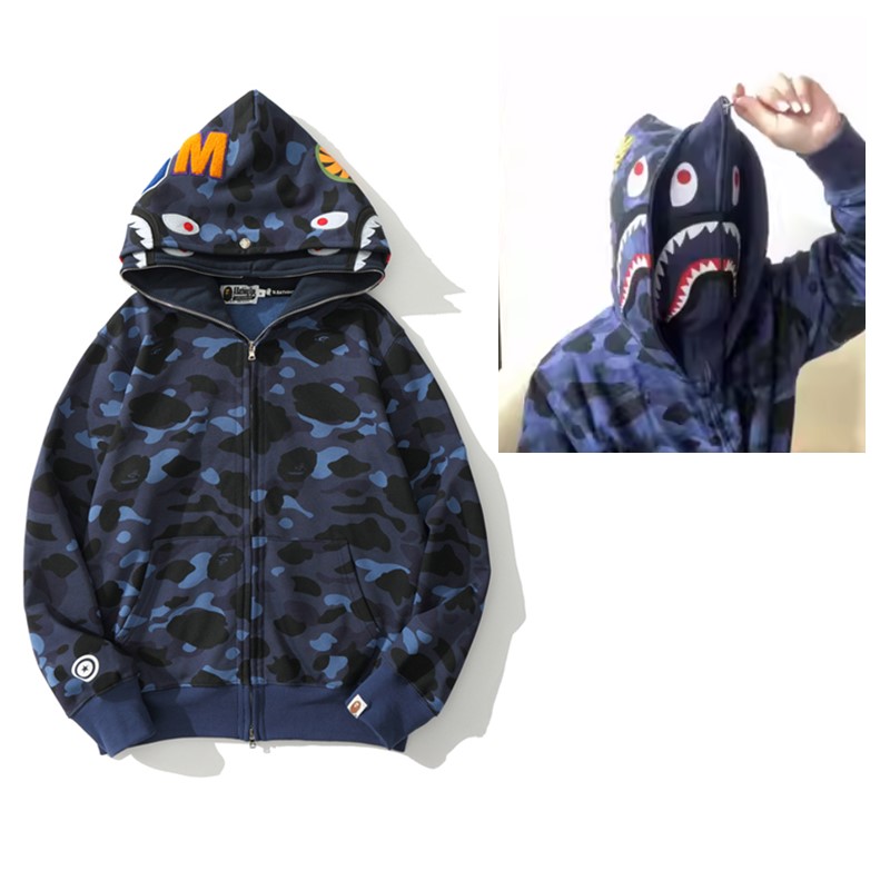 猿人APE サメと虎の頭刺繍入り迷彩柄ダブルハットスウェットシャツ メンズ ゆったりカーディガン ジップアップフード付きジャケット 夜光