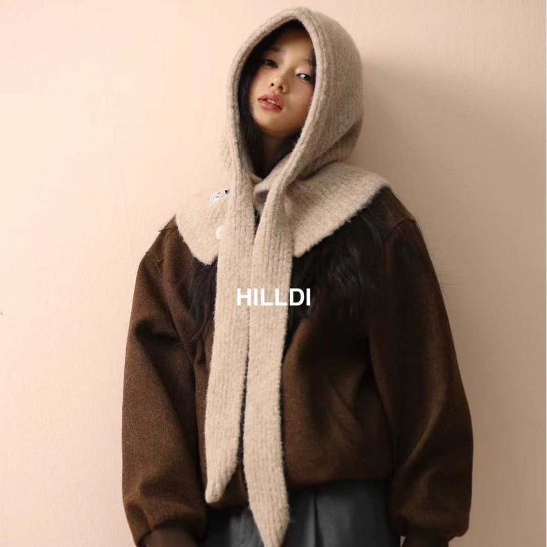 Wool Blend Balaclava Hat for Women, Autumn and Winter Windproof and Warm Ear-Protecting Hat, Integrated Neck Warmer, Knitted Wool Hat