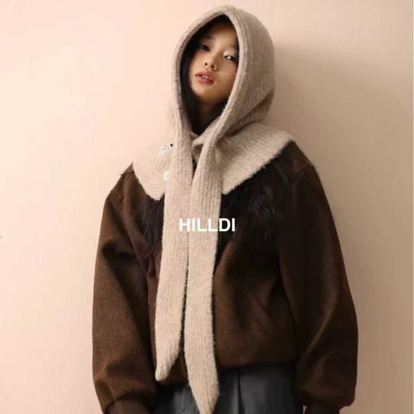 Wool Blend Balaclava Hat for Women, Autumn and Winter Windproof and Warm Ear-Protecting Hat, Integrated Neck Warmer, Knitted Wool Hat