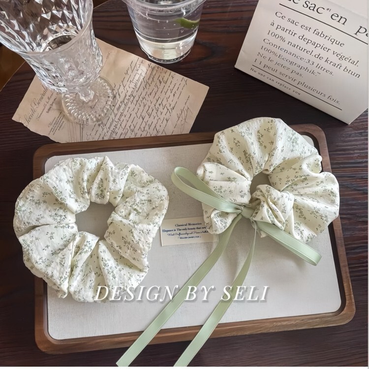 新款春夏豆沙绿色清新碎花大肠发圈纯棉蝴蝶结织带少女发绳头饰女|undefined