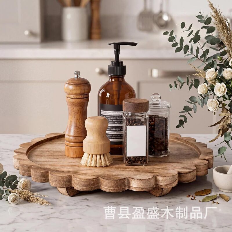 Farmhouse solid wood floral-shaped high-footed tray, living room tabletop scented candle display tray, wooden coffee and bread breakfast tray Farmhouse solid wood floral-shaped high-footed tray, living room tabletop scented candle display tray, wooden coffee and bread breakfast tray