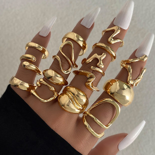 Europe and the United States cross-border environmental protection personality exaggerated golden lava lines irregular water drop smooth ring suit 15-piece set