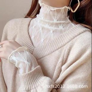 2107 Long-sleeved Auricularia High Neck Long-sleeved Chiffon Lace Top Women's Early Autumn Small Shirt New Pleated Base Shirt