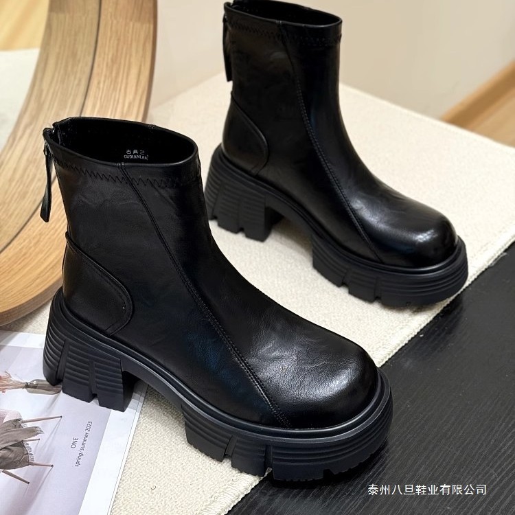 Thick-Soled Height-Increasing Martin Boots with Plush Lining for Women, 2025 Autumn and Winter Chelsea Boots, Slimming Retro Genuine Leather Chunky Heel Ankle Boots
