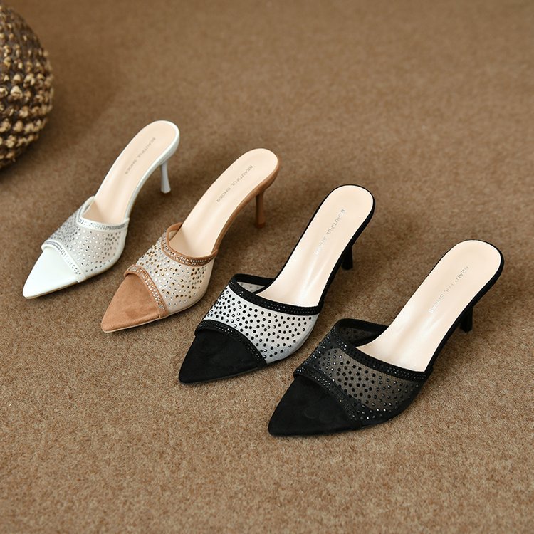 New open-toe pointed mesh rhine-diamond flip-flops female summer wear temperament stiletto heels sandals_voghion.com