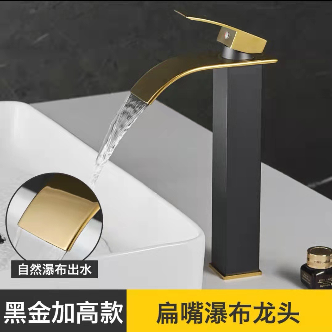 Cascada Cuenca del grifo de cobre caliente y fría lavabo mueble de baño negro lavabo de baño cuenca transfronteriza image 18