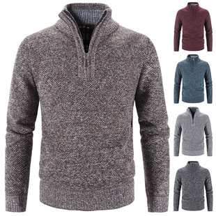 Spring and Autumn Knitted Jacket Men's Handsome All-match Vertical Collar Sweater Men's Half-zipper Pullover Fleece-lined Thickened Casual Outer Wear