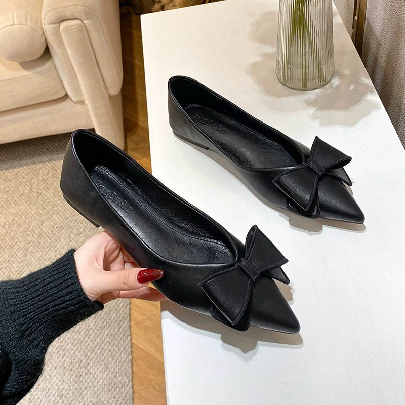 Французская остроконечная плоская обувь одиночная обувь женская 2025 новая обувь с бантом светлая рот женская обувь большого размера женская обувь 41-43