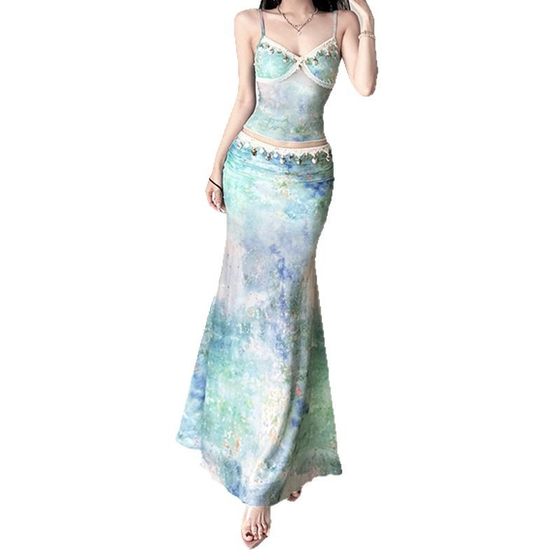 Exotic Ethnic Style Halo Sequin suit Women's Lace V-neck Sling Low Waist Pleated Slim Fishtail Skirt