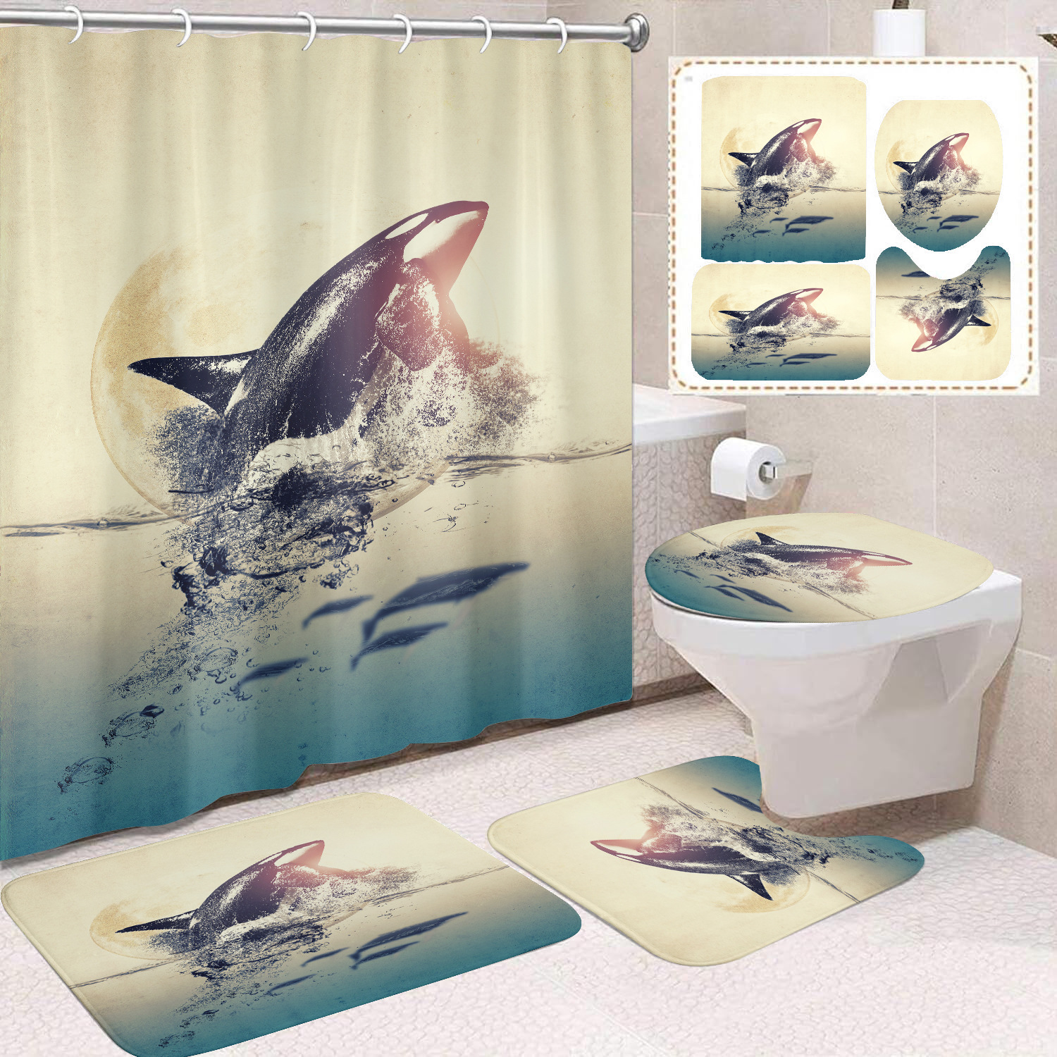 Cortina de ducha transfronteriza con diseño de delfines azules, estampada digitalmente, de poliéster, sin perforaciones, para baño, decoración del hogar image 34