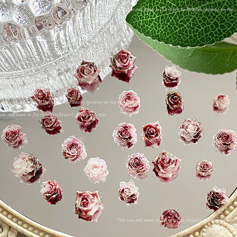 美甲双色山茶花饰品新款复古暗夜红玫瑰花朵蝴蝶混树脂指甲钻配饰