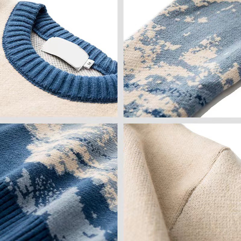 Venta directa de fábrica Otoño e Invierno tie-teñido nieve montaña moda marca cuello redondo suéter de los hombres suéter suelto Hong Kong estilo suéter