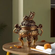仿古麒麟铜香炉三足双耳香薰炉家用迷你貔貅镂花鼎手把玩圆炉摆件