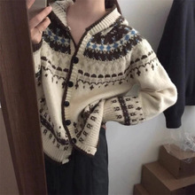 KANING设计感复古提花费尔岛毛衣2025秋冬新款连帽针织外套女装