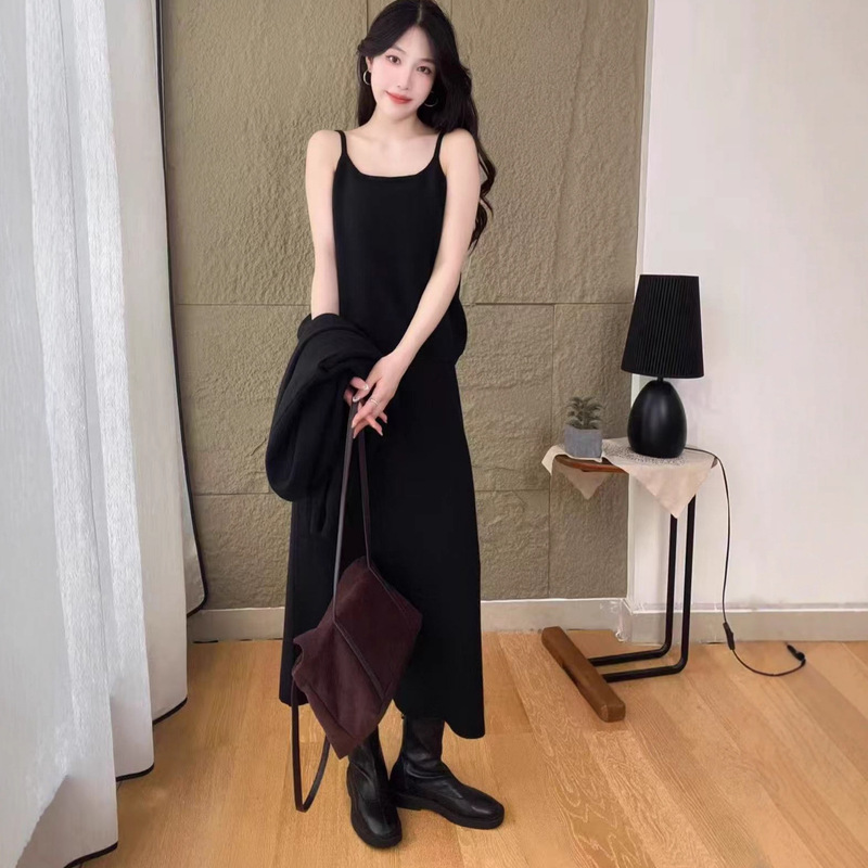 松弛感秋冬时尚套装女休闲拉链毛衣开衫+吊带+针织半身裙三件套女|undefined
