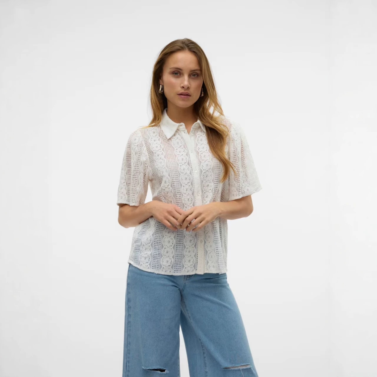 Camisas de encaje de algodón transpirables francesas de mangas cortas de verano nuevas elegantes de comercio exterior europeo y americano