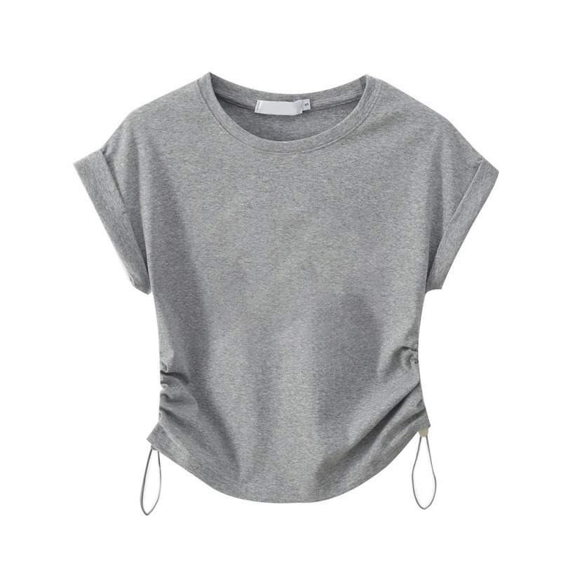 Женская летняя футболка с короткими рукавами на правое плечо из чистого хлопка, плотный плиссированный утягивающий короткий топ с асимметричным дизайном для маленьких людей