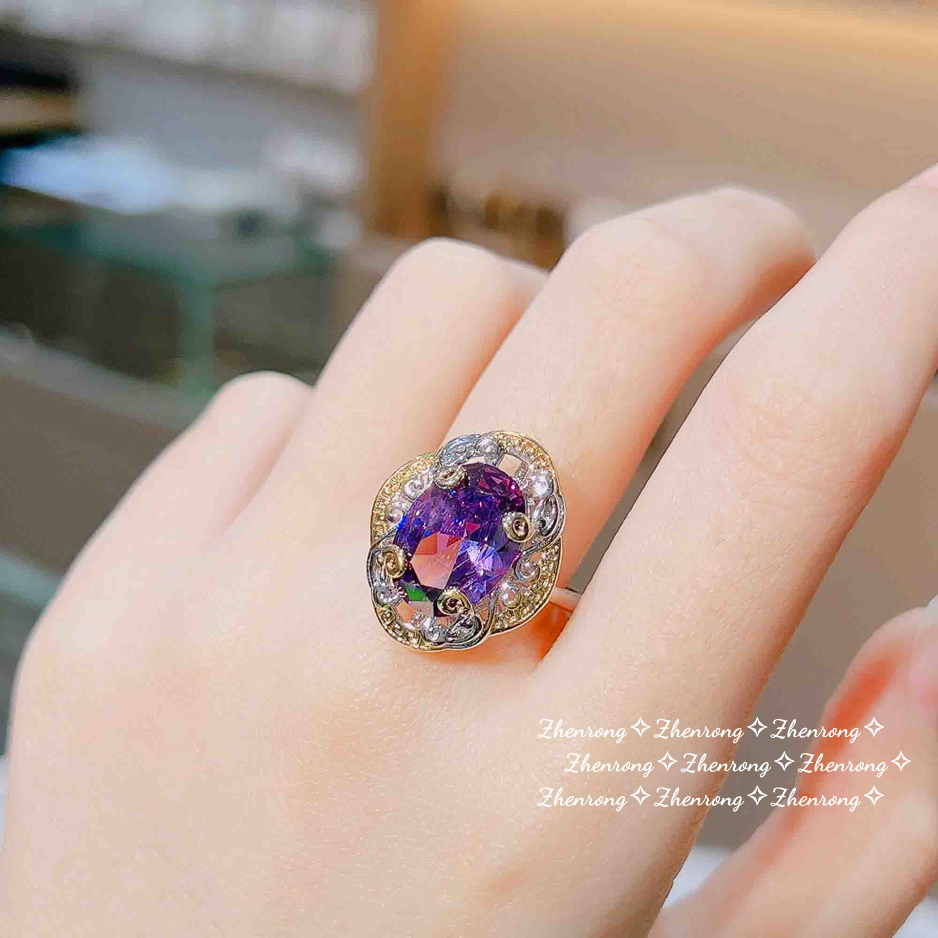 Traje de diamante púrpura artesanal en tono dorado retro italiano colgante de amatista oro de doble color anillo abierto pendientes coloridos del tesoro