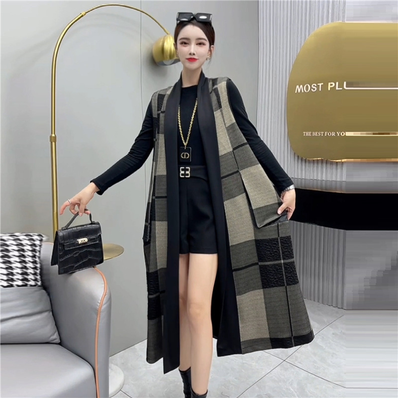 Windbreaker Vest Women's Autumn Mid-length Outer Cardigan 2022 New Autumn and Winter Long Vest Plaid Over-the-knee Coat