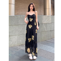 シフォン+裏地花柄スカートサスペンダードレスシフォンスカートスリムウエスト痩身気質ロングロングスカート女性夏