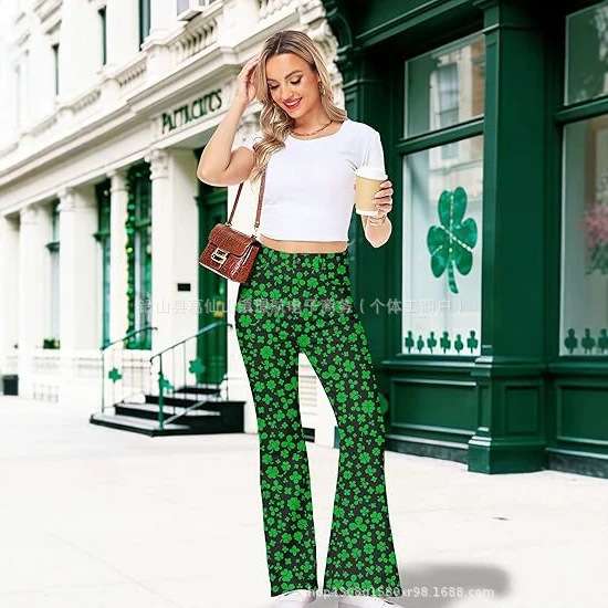 St. Patrick's Day Clover Print Jeans for Women, High-Waisted Flared Pants, Original 3D Print Bell-Bottom Pants St. Patrick's Day Clover Print Jeans for Women, High-Waisted Flared Pants, Original 3D Print Bell-Bottom Pants
