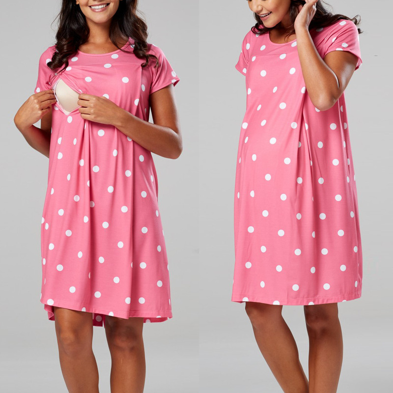 European and American Trendy Polka Dot Print Maternity Hospital Gown Short-Sleeved Nursing Dress with Hidden Openings on Both Sides