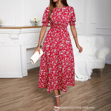 【加工】亚马逊2025春夏秋新款外贸女装时尚印花收腰泡泡袖连衣裙