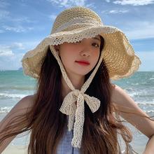 T日本网红草帽女蕾丝系带沙滩赫本风度假小清新防晒遮阳太阳帽子