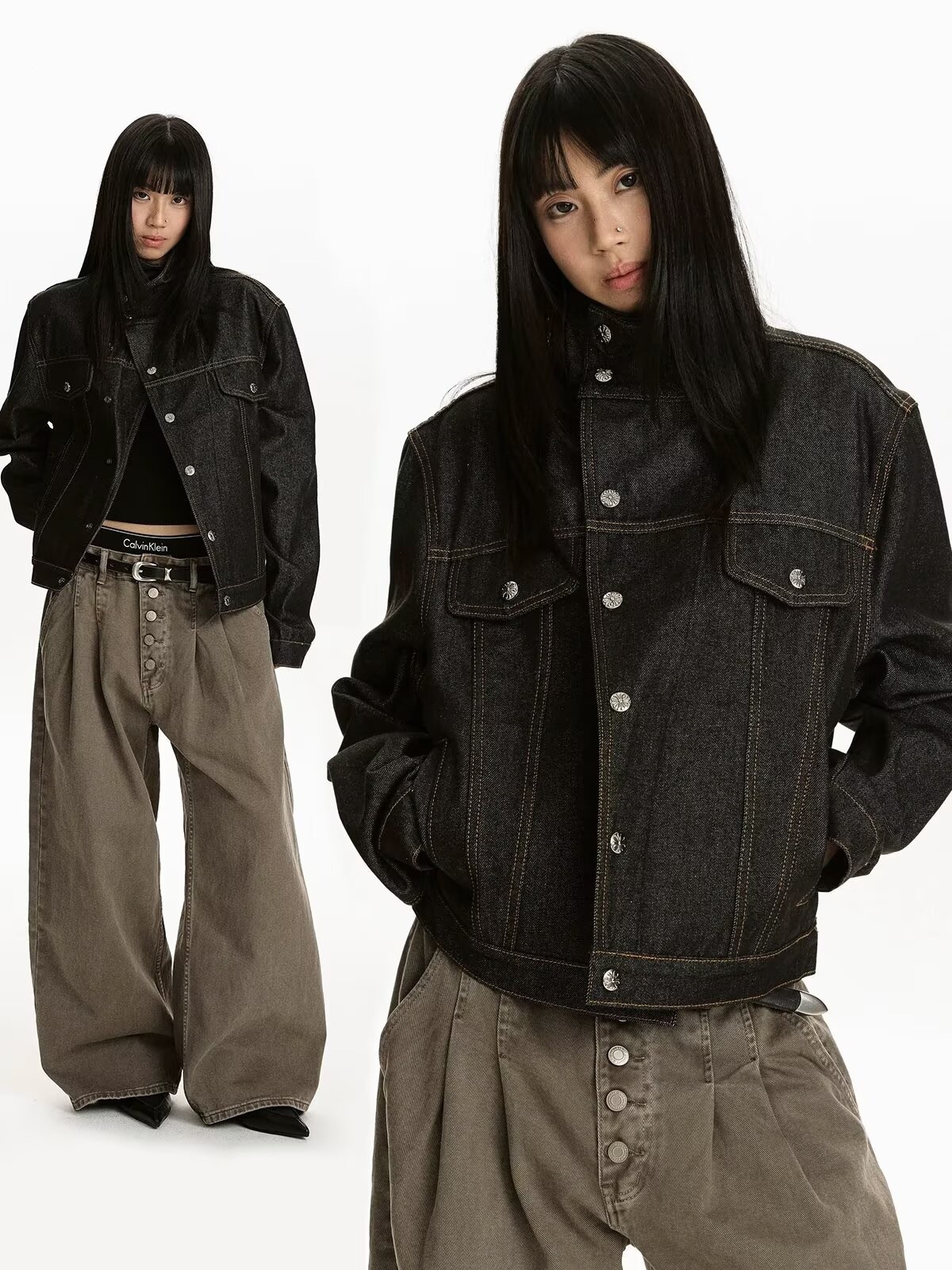 American retro high-end style stand-up collar black jacket, unisex, loose fit, casual, diagonal placket, short workwear jacket